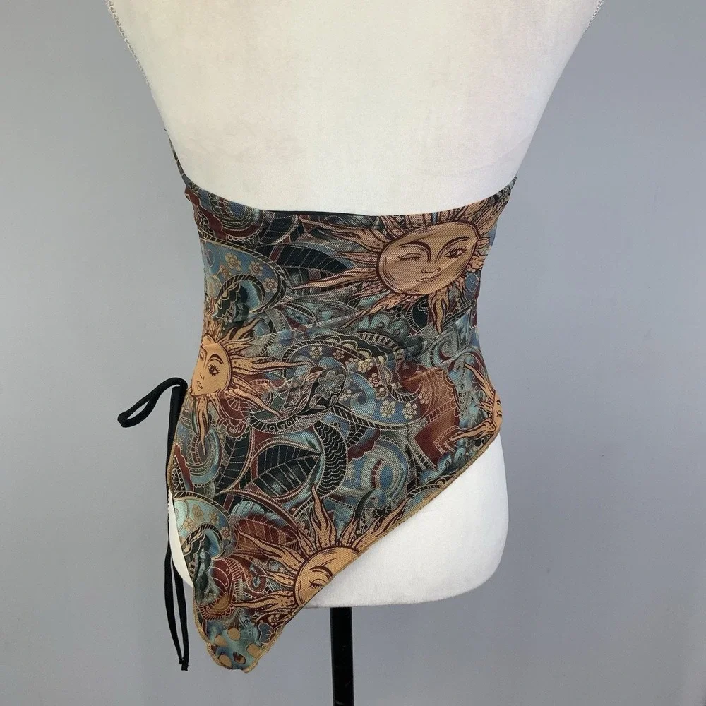 Celestial Sun Paisley Mesh Asymmetrical Ruched Tie Strapless Tube Top Y2K Small - Picture 5 of 6